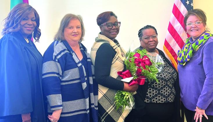 Pictured, from left: Justice of the Peace Brenda Hymes (Justice of the Peace), Debra Rhodes (Registrar of Voters), Colleen Barthelemy (ROV Chief Deputy), Joan Jimcoily and Kim Turlich-Vaughan (Clerk of Court).