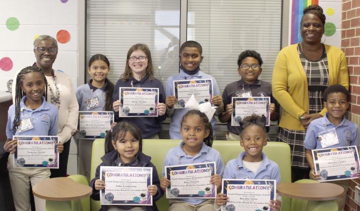 Congratulations to all South Plaquemines Elementary School students who were recognized as November Students of the Month. These students worked hard and exhibited positive behavior expectations. Pictured in the back row, from left: Treasure Taylor, Mrs. Tonya Redmond, Michelle Hernandez, Harper Hayden, John Lightell, Daunte' Turner, Dr. Stacey-Ann Barrett and Brayden Landry. Front row: Sophia Lumbreras, Zoey Vereen and Royalty Sylve. Not pictured: Ryah Tyler.