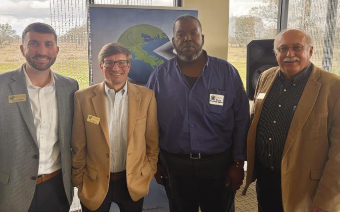 Plaquemines Association of Business and Industry (PABI) heard a presentation from Daybrook Fisheries at their most recent meeting. Daybrook has recently participated in several studies to assess the industry's eects on the coastal habitat. From left are 2026 PABI Chair Patrick Mathes, Daybrook Technical Director Jason Walker, Operations Manager Travis Harvey, and PABI Executive Director Bobby Thomas.