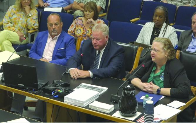 From left: District 8 council member Mitch Jurisich, district 6 council member Ronnie Newsom, and district 5 council member Patty McCarty testify on negative impacts of tolls and fees at Senate Transportation Committee hearing.