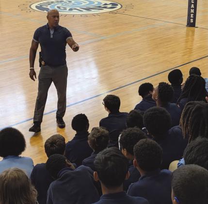 On September 16, Major Byron Williams, Commander of the PPSO Re-Entry Program, visited the young men at South Plaquemines High School to conduct a discussion and share valuable lessons on discipline, respect, making positive choices and representing their families and community with pride.'