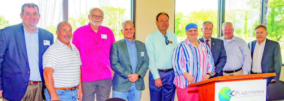 Parish President Keith Hinkley gave a State of the Parish Address at last week's meeting of the Plaquemines Association of Business and Industry (PABI). Several officials were in attendance including from left, Council Members Chris Schultz, Mitch Jurisich, Dr. Stuart Guey, Brian Champagne, PABI Chair Mike Roy, Council Member Patty McCarty, Hinkley, Council Member Ronnie Newsom and PABI Governmental Affairs Chair Dale Benoit. Photo by Zu Carpenter