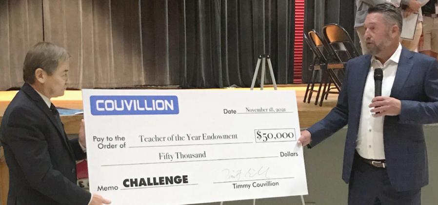Couvillion Group President and Chief Executive Officer, Timothy “Timmy” Couvillion (right), launched the start of three Teacher of the Year Endowment awards in November 2021 with Plaquemines Parish Schools’ Superintendent, Denis Rousselle (left).