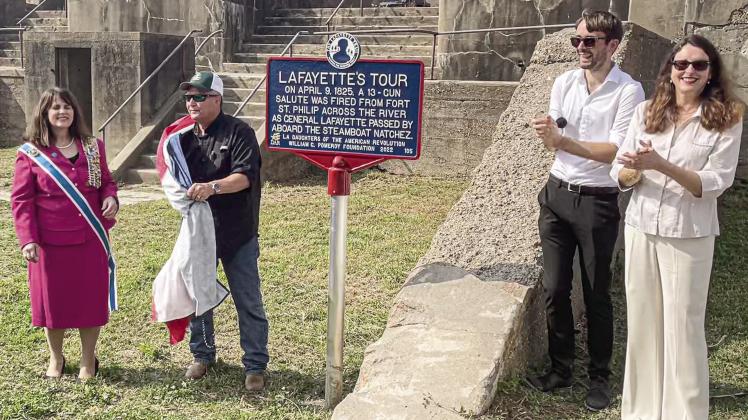 Picture, from left: Charlotte White with Daughters of the American Revolution, Parish President Keith Hinkley, president of The Lafayette Trail Julien Icher, Consulate General of France in Louisiana Nathalie Beras unveil plaque commemorating General Lafayette’s farewell tour through United States. Photo by Justin Walton