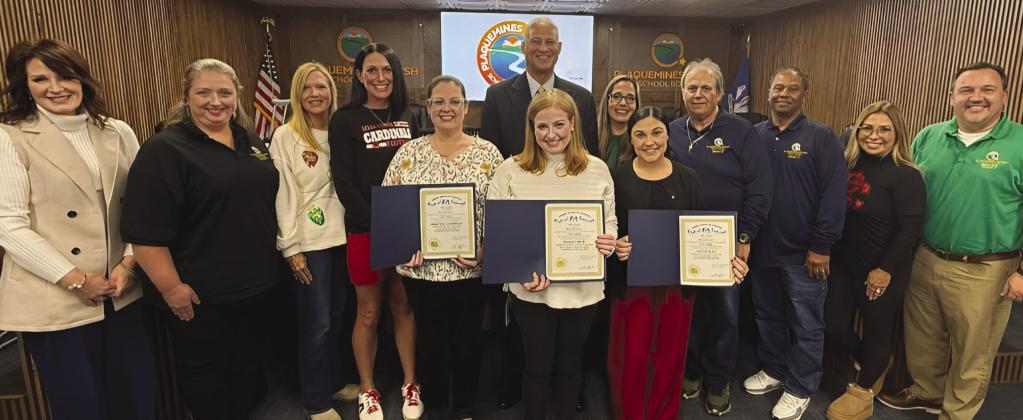 School board members, superintendent Shelley Ritz, and Governor Landry representative Austin Badon present teachers Hannah Smith of Belle Chasse Elementary School, Kaylee Boaz of Belle Chasse Middle School, and Christina Lauricella of Belle Chasse High School with proclamations from Governor Landry recognizing them for being named teachers of the year within the school system.