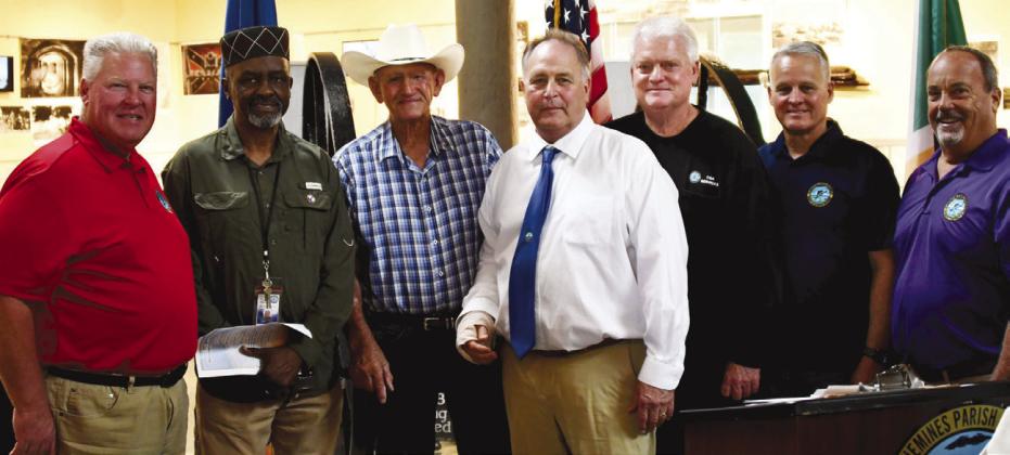 Plaquemines Parish hosts memorial event commemorating the 20th anniversary of Hurricane Katrina in the Fort Jackson Museum and Welcome Center. Pictured at the Katrina commemoration are: (from left) Councilman Ronnie Newsom, Councilman Tyronne Edwards, Earl Armstrong, Parish President Keith Hinkley, Councilman Mark “Hobbo” Cognevich, Councilman Brian Champaign and Councilman Mitch Jurisich.