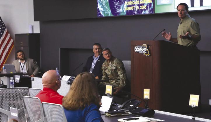 Louisiana Gov. Je Landry speaks at the Governor's Oce of Homeland Security and Emergency Preparedness in Baton Rouge, June 3, 2025. Landry addressed state and local emergency response partners about recent structural changes aimed at improving eciency ahead of the 2025 Atlantic hurricane season. (U.S. Army National Guard photo by Sgt. Danny Hough)