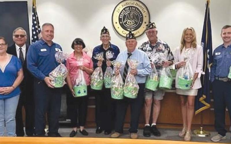 From left: Sheryl Ruiz (volunteer), District Attorney Charles Ballay, Eric Christian (Chevron Veteran Employee Network, Rae Riley, David Mallaun (Post 329 member), Commander John Richardson, 2nd Vice Malcolm Hartman, 1st Assistant District Attorney Sarah Tesvich, Scott Curtis (Chevron Veteran Employee Network).