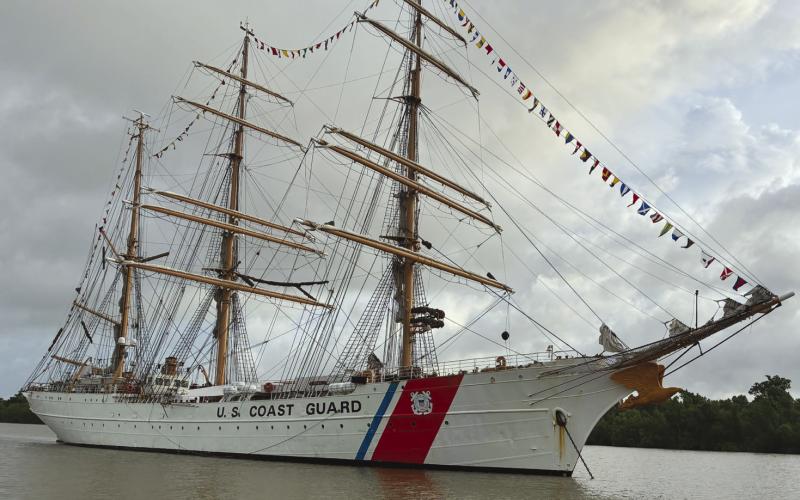 USCGC Eagle anchors in the Mississippi River.