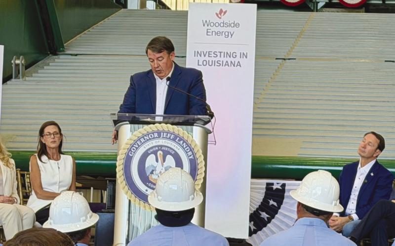 C &amp; C Marine and Repair owner Tony Cibilich addressed an audience of nearly 100 at the keel laying ceremony marking the beginning of construction of 4 new tugs to be used in the LNG industry in Calcasieu.