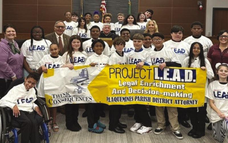 Boothville-Venice Elementary students with Kim Turlich-Vaughn, Clerk of Court, Charles J. Ballay, District Attorney, Judge Kevin Conner, 1st Assistant District Attorney Sarah Tesvich and Rae Riley, Project L.E.A.D Coordinator.