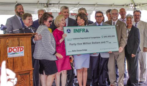 O cials gather on August 8, 2018, to celebrate a $45 million dollar INFRA grant for the Belle Chasse Bridge Project.