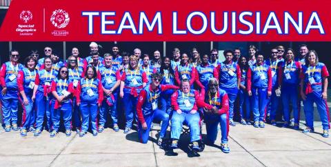 The entire Louisiana delegation featuring coaches and athletes from basketball, bocce, bowling, swimming, and track &amp; field teams. Our group was called out and recognized by fans from all over for being the best dressed from head to toe. Team Louisiana made us so proud!
