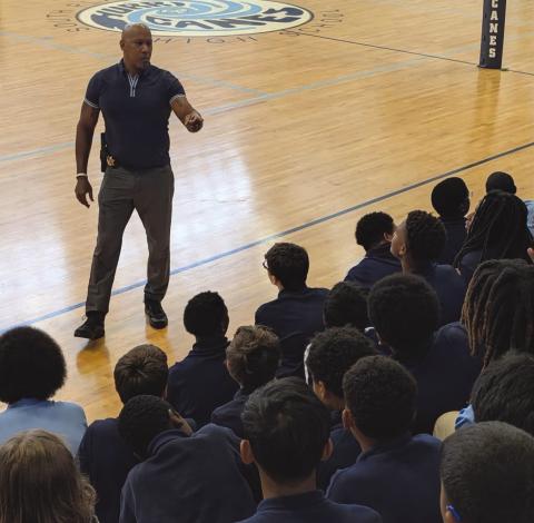 On September 16, Major Byron Williams, Commander of the PPSO Re-Entry Program, visited the young men at South Plaquemines High School to conduct a discussion and share valuable lessons on discipline, respect, making positive choices and representing their families and community with pride.'