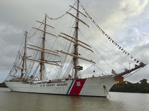 USCGC Eagle anchors in the Mississippi River.