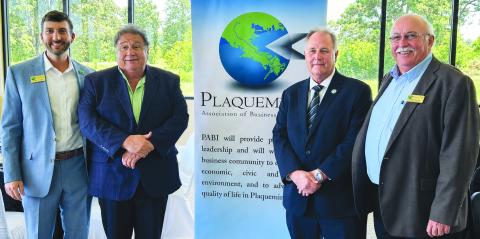 Gordon Dove, Chairman of the Board of CPRA, Governor Je Landry's appointee to oversee coastal projects in the state, gave attendees at the Plaquemines Association of Business and Industry's August membership meeting an overview of coastal restoration projects across South Louisiana, highlighting Plaquemines-specific projects. Pictured, from left, are PABI 2026 Chair Patrick Mathes, Dove, Parish President Keith Hinkley, and PABI Executive Director Bobby Thomas.