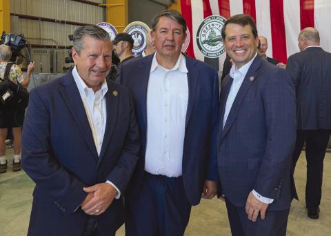 Tony Cibilch at the Keel Laying Ceremony . anked by State Senator Pat Connick, left, and State Representative Jacob Braud.