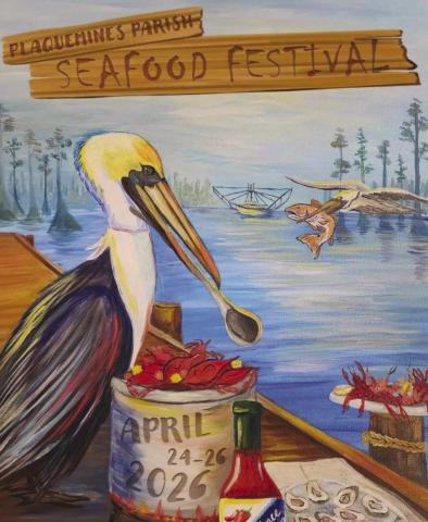 Created by local artist, Lauren Palmisano Cloutet, the 2026 Seafood Festival poster shows the culture of Plaquemines.