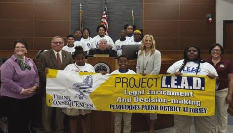 Phoenix Elementary students with Kim Turlich-Vaughn, Clerk of Court, Charles J. Ballay, District Attorney, Judge Kevin Conner, 1st Assistant District Attorney Sarah Tesvich and Rae Riley, Project L.E.A.D Coordinator.