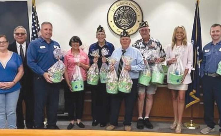 From left: Sheryl Ruiz (volunteer), District Attorney Charles Ballay, Eric Christian (Chevron Veteran Employee Network, Rae Riley, David Mallaun (Post 329 member), Commander John Richardson, 2nd Vice Malcolm Hartman, 1st Assistant District Attorney Sarah Tesvich, Scott Curtis (Chevron Veteran Employee Network).