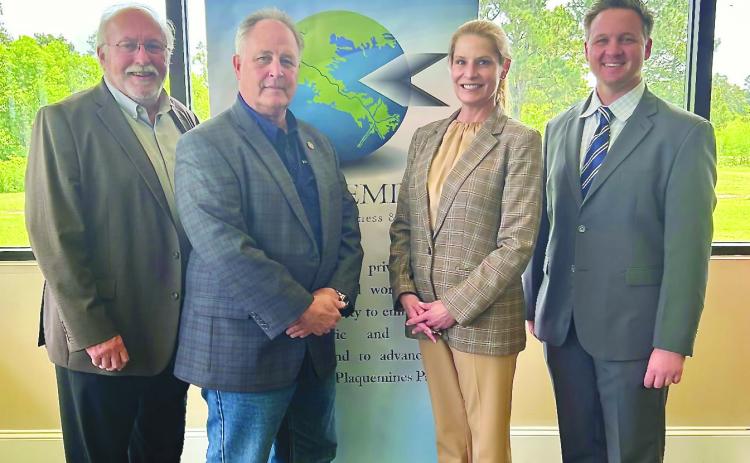 The Plaquemines Association of Business and Industry (PABI), heard an update from the parish's coastal director, Kimberly Buck, at its August membership meeting. Buck discussed ongoing levee and coastal work as well as future projects during the meeting. From left are PABI Executive Director Bobby Thomas, Parish President Keith Hinkley, Buck and PABI 2205 Chair Tray Ansardi.