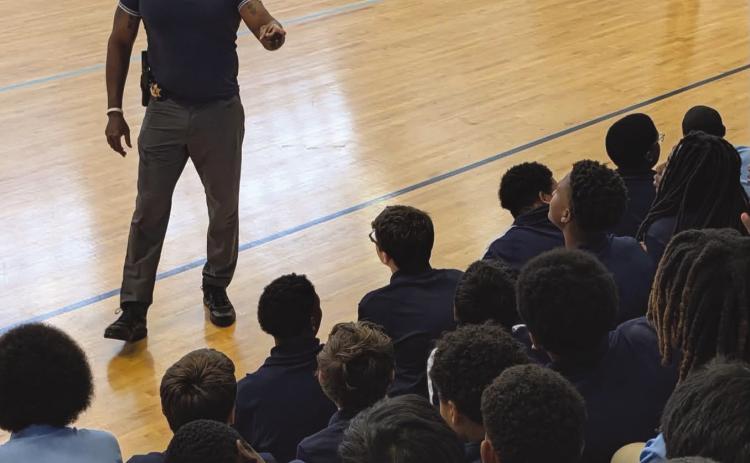 On September 16, Major Byron Williams, Commander of the PPSO Re-Entry Program, visited the young men at South Plaquemines High School to conduct a discussion and share valuable lessons on discipline, respect, making positive choices and representing their families and community with pride.'