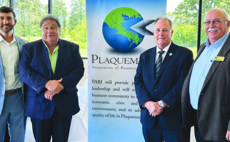 Gordon Dove, Chairman of the Board of CPRA, Governor Je Landry's appointee to oversee coastal projects in the state, gave attendees at the Plaquemines Association of Business and Industry's August membership meeting an overview of coastal restoration projects across South Louisiana, highlighting Plaquemines-specific projects. Pictured, from left, are PABI 2026 Chair Patrick Mathes, Dove, Parish President Keith Hinkley, and PABI Executive Director Bobby Thomas.