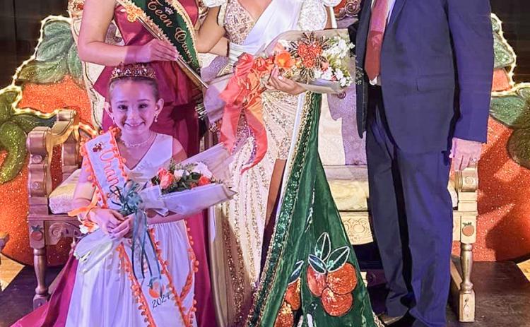 From left to right 2024 Teen Queen Gracie Gondrella, 78th Orange Festival Queen Alayna Robichaux, Orange King Wayne Cognevich, and in front Orange Blossom Olivia Munsterman. Photos from Plaquemines Parish Orange Festival Facebook Page.