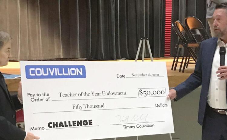 Couvillion Group President and Chief Executive Officer, Timothy “Timmy” Couvillion (right), launched the start of three Teacher of the Year Endowment awards in November 2021 with Plaquemines Parish Schools’ Superintendent, Denis Rousselle (left).