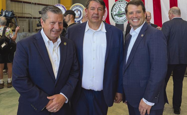 Tony Cibilch at the Keel Laying Ceremony . anked by State Senator Pat Connick, left, and State Representative Jacob Braud.