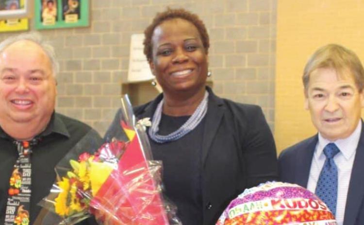 Plaquemines Parish Schools congratulates Dr. Stacey-Ann Barrett, Principal of South Plaquemines Elementary School, for being chosen as the 2022 Principal of the Year. Pictured, from left: Director of Secondary Education Kenny Petkovich, Dr. Barrett, and Superintendent of the Plaquemines Parish School District Denis Rousselle.