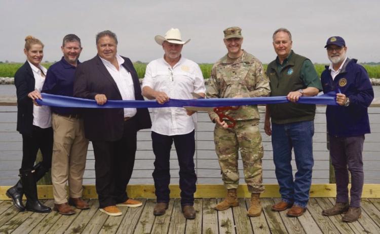 From left: Plaquemines Coastal Director Kimberly Buck, Executive Director Michael Hare, CPRA Chairman Gordon “Gordy” Dove, St. Bernard Parish President Louis Pomes, US Army Corps of Engineers (USACE) New Orleans District Commander Col. Scotty Autin, Plaquemines Parish President Keith Hinkley, and St. Bernard Coastal Manager John Lane. Photo from CPRA