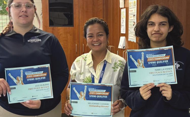 From left: Jozlyn Buras, DECA Advisor and CTE teacher MelJoanne C. Lemaire, and Isabella Eisner.