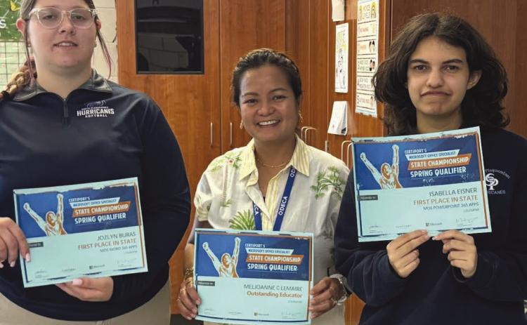 From left: Jozlyn Buras, DECA Advisor and CTE teacher MelJoanne C. Lemaire, and Isabella Eisner.